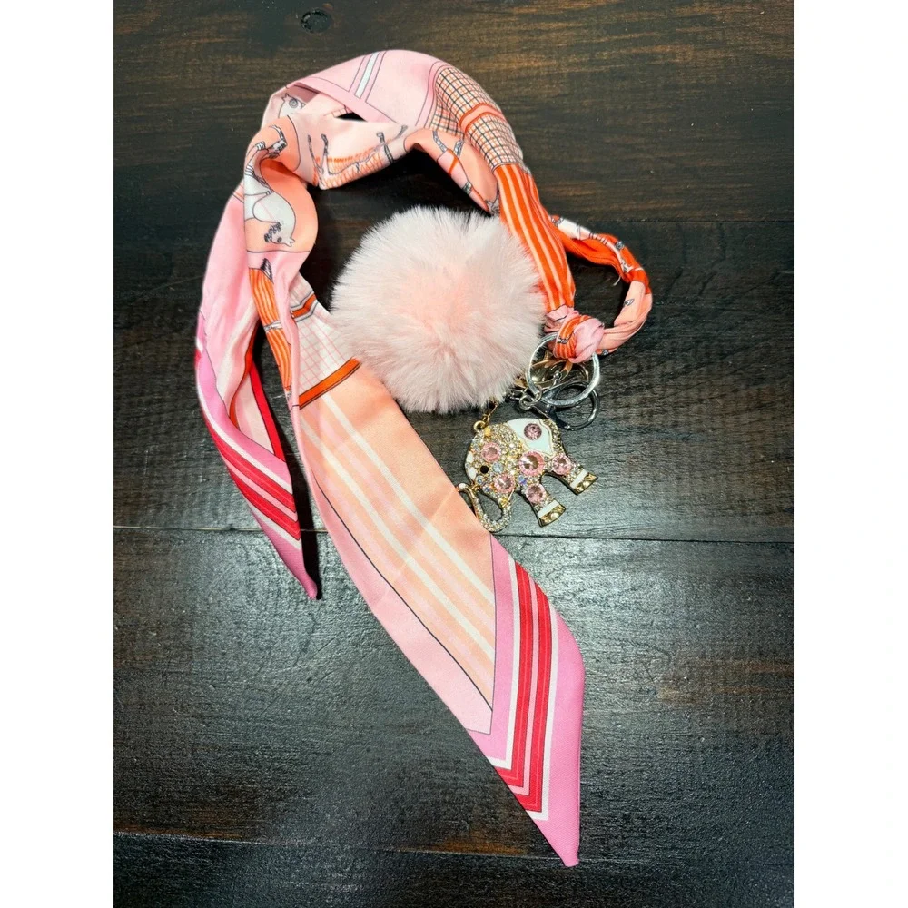 Rhinestone Elephant Keychain Purse Charm Pink Pom Pom Horse‎ Scarf